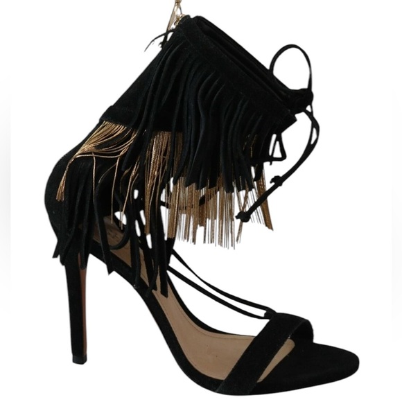 NEW Schutz Fringe Suede Stiletto Sandal Metal and Suede Fringe Black Size 9.5 - Picture 4 of 15